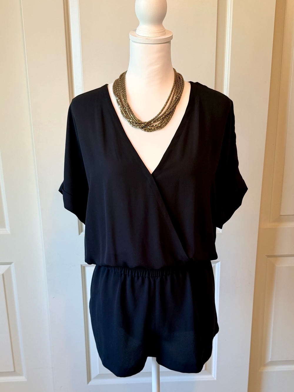 BCBGMaxAzria Black Surplice Short Sleeve Romper